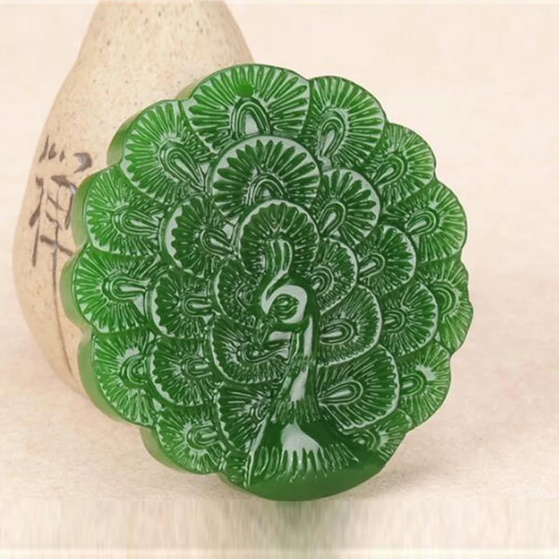 Women Necklace Pendant Green White Nephrite Jade Carved Peacock Open Screen Gift for Female Fashion Jewelry | Украшения и