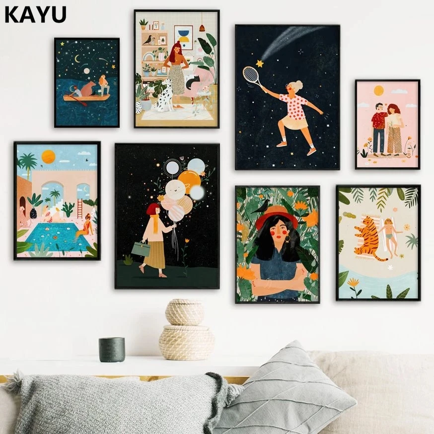 

Абстрактная девушка воздушный шар Тигр собака листья жизнь настенная Картина на холсте скандинавские плакаты и принты настенные картины д...