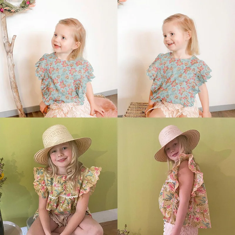 

Girls' Shirt 2021 Spring And Summer New Girls Lace Short-Sleeved Floral Shirt Fashion Shorts Summer Suit Children's Clothing