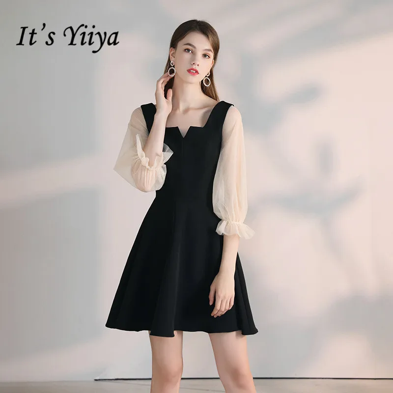 

Black Cocktail Dress Short It's Yiiya BR311 Above Knee A-Line Formal Cocktail Dresses Square Collar Zipper Semi Formal Gown