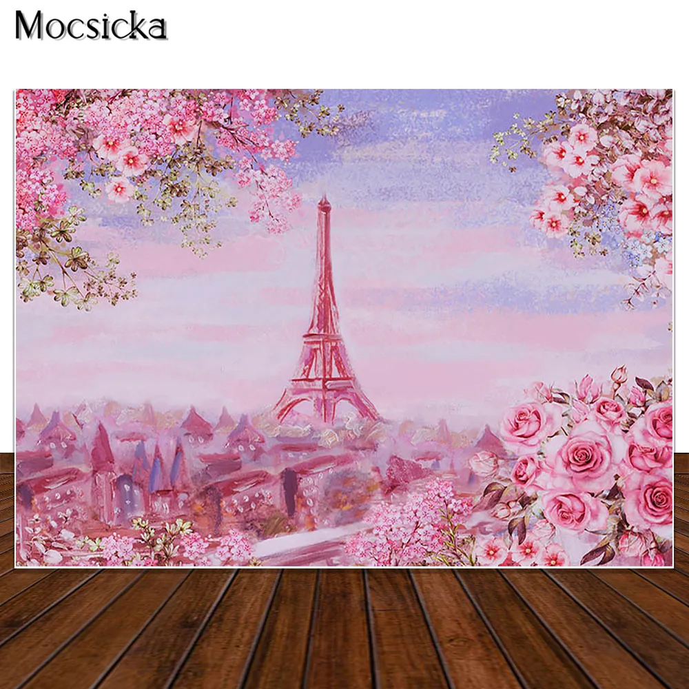 

Pink Flowers Trees Eiffel Tower Background Photography Paris Photo Studio Props Banner Kids 1st Birthday Cake Smash Backdrops