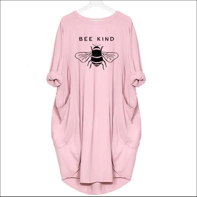Women's Midi Dress Long Sleeve T Shirt Dresses Bee Kind Print Loose Pocket Casual Vintage Vestidos Robe Femme Autumn