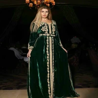 green muslim long evening dress with sleeves elegant gold appliques velvet dressevening gowns women prom party wear with crystal