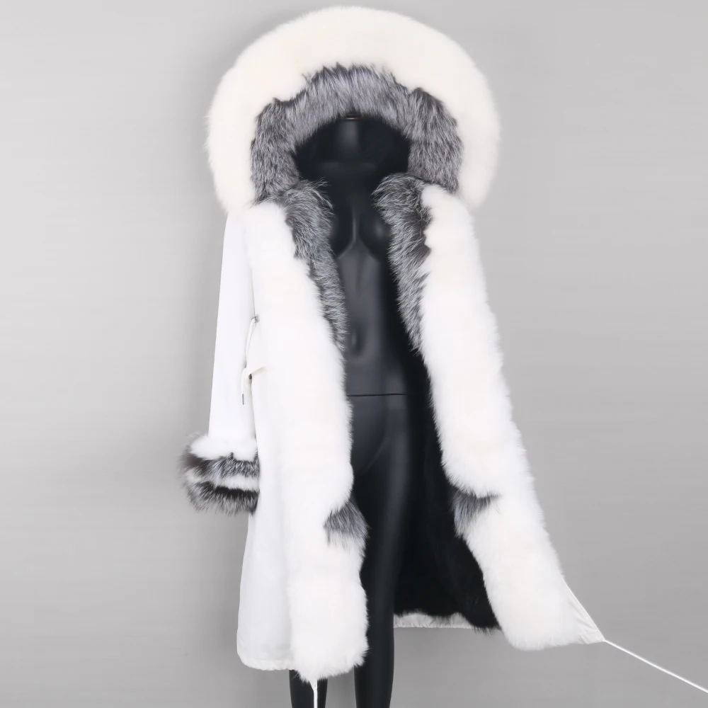 Women Real Fur Coat Winter X-long Jacket White Color Waterproof Fabric Windbreaker Big Fur Collar Removable Outerwear Brand
