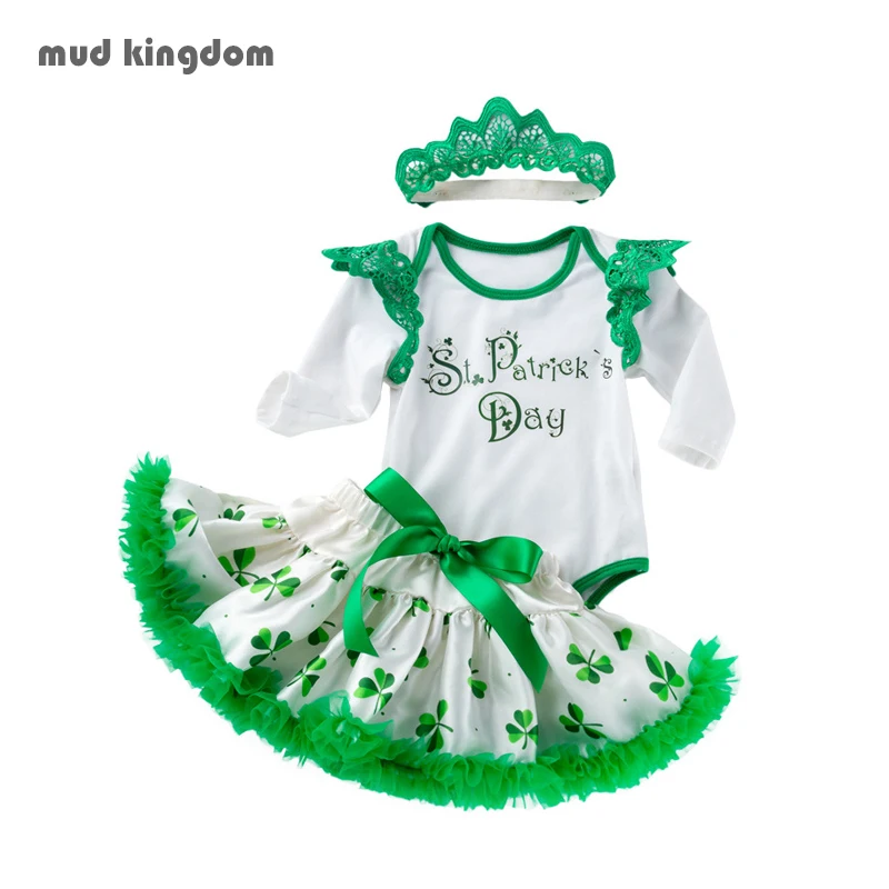 

Mudkingdom 3PCS Baby Girls Tutu Skirt Set with Romper St. Patrick's Day Green Color Shamrocks Clover Suits for Nowborn Clothes