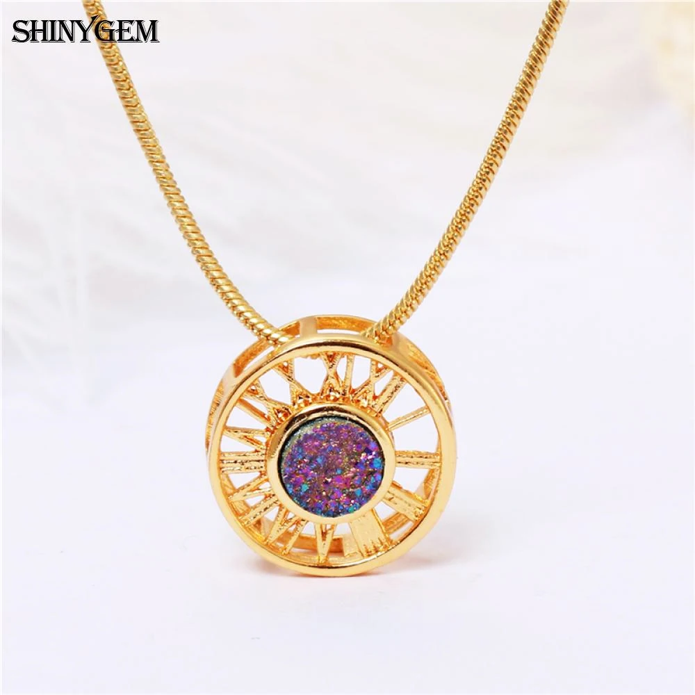 ShinyGem модное Золотое колесо кулон ожерелье полое большое Натуральный Druzy Кристалл