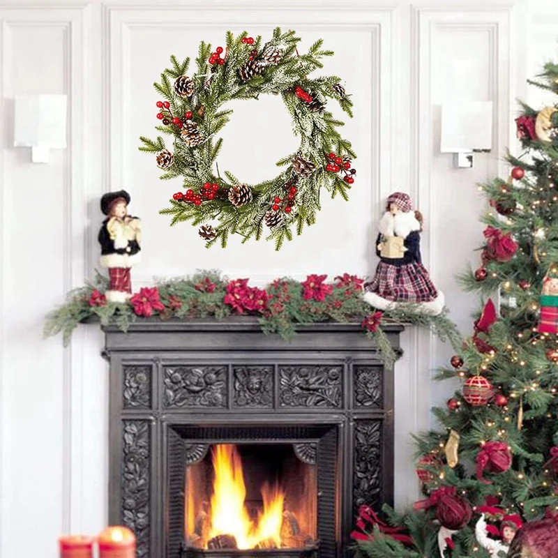 

20 inch Christmas Door Wreath - Unique White Pinecone Red Fruit Frosted Flocking Pendant Decor for Front Door, Window
