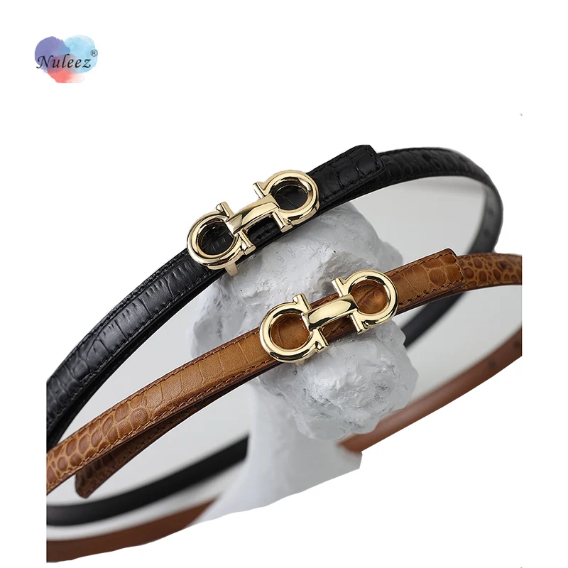 

Nuleez Brand Belt Female Slim 1.3 CM Genuine Crocodile Cowhide Skin Fashion Designed Gold Buckle Classical for Dress and Jeans