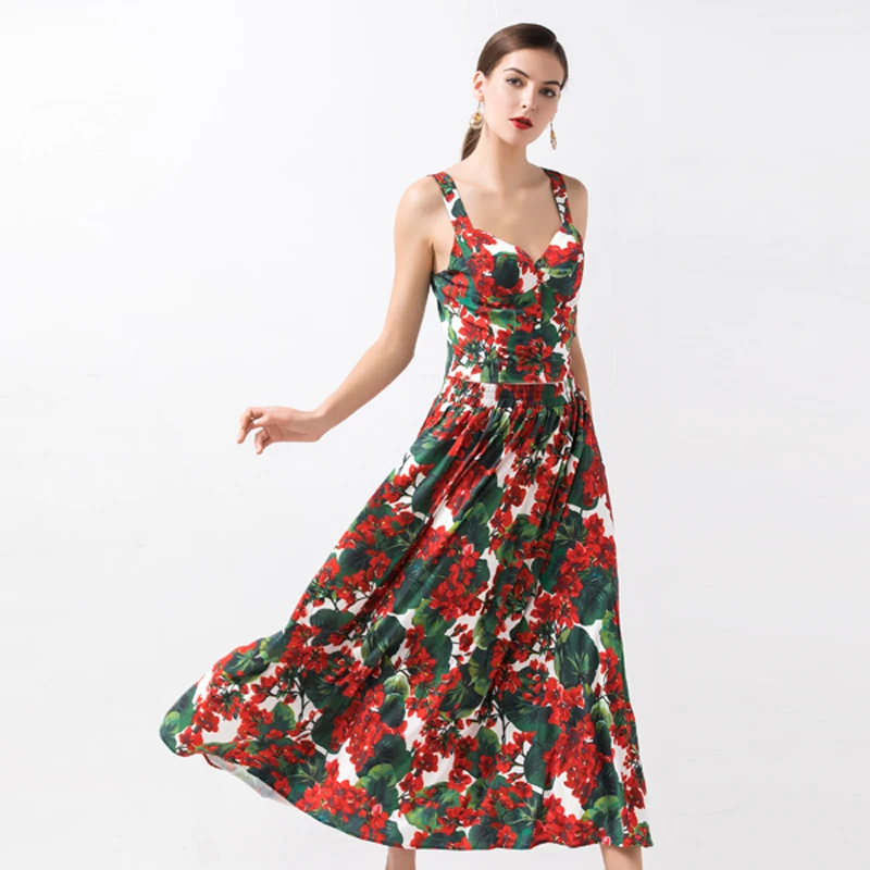 Женский костюм с принтом гортензии SEQINYY красный из тонкой кофты эластичным