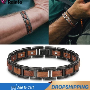 Rainso Stainless Steel Bracelet For Men Zebra Wooden Bracelet Homme Health Care Bohemian Magnetic Br