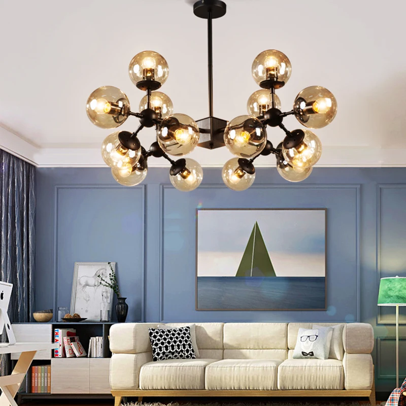 

Vintage Glass Round Ball Chandelier Lighting Industrial LOFT Iron LED Magic Bean Living Room Bedroom Indoor Light Fixtures