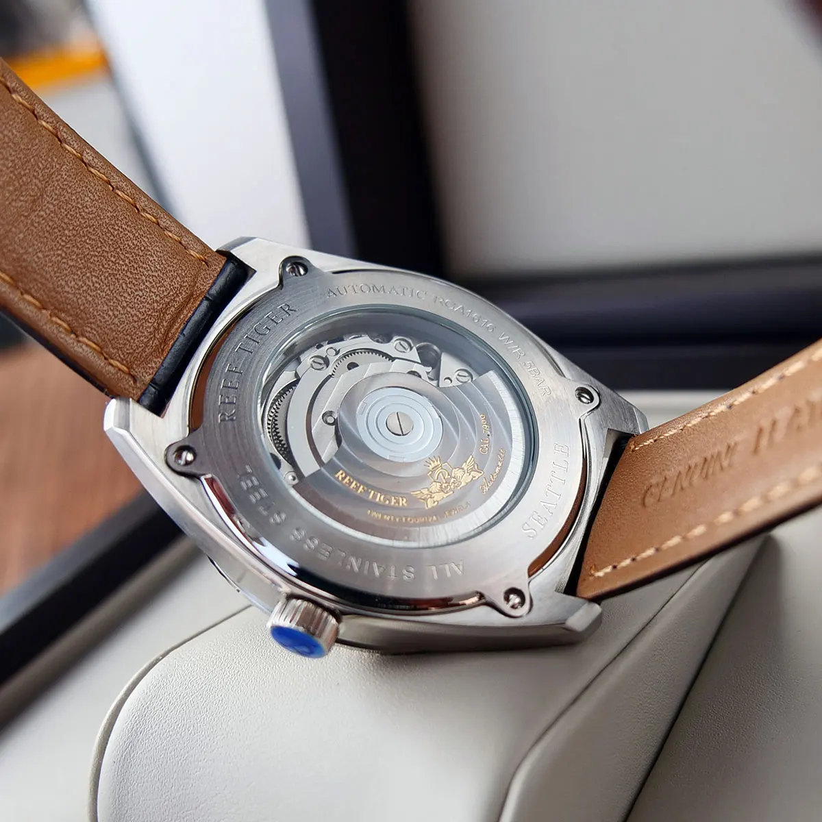 Риф Тигр/RT Роскошные нарядные часы для мужчин Стальной коричневый кожаный