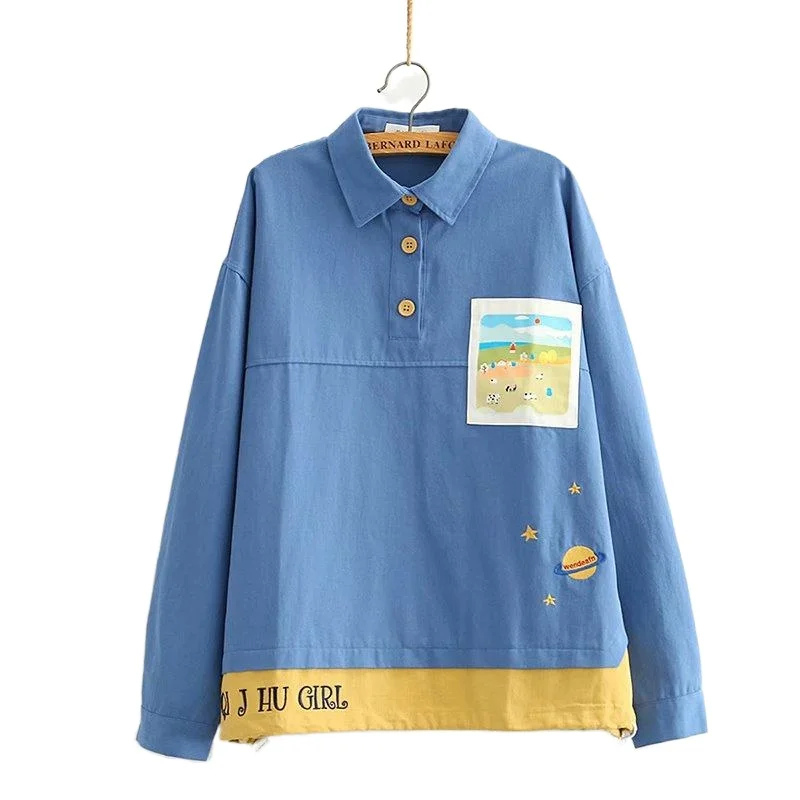 Autumn Childlike Print Pocket Planet Letter Embroidery Stitching Contrast Color Loose Turn-down Collar Jacket Girl 208393