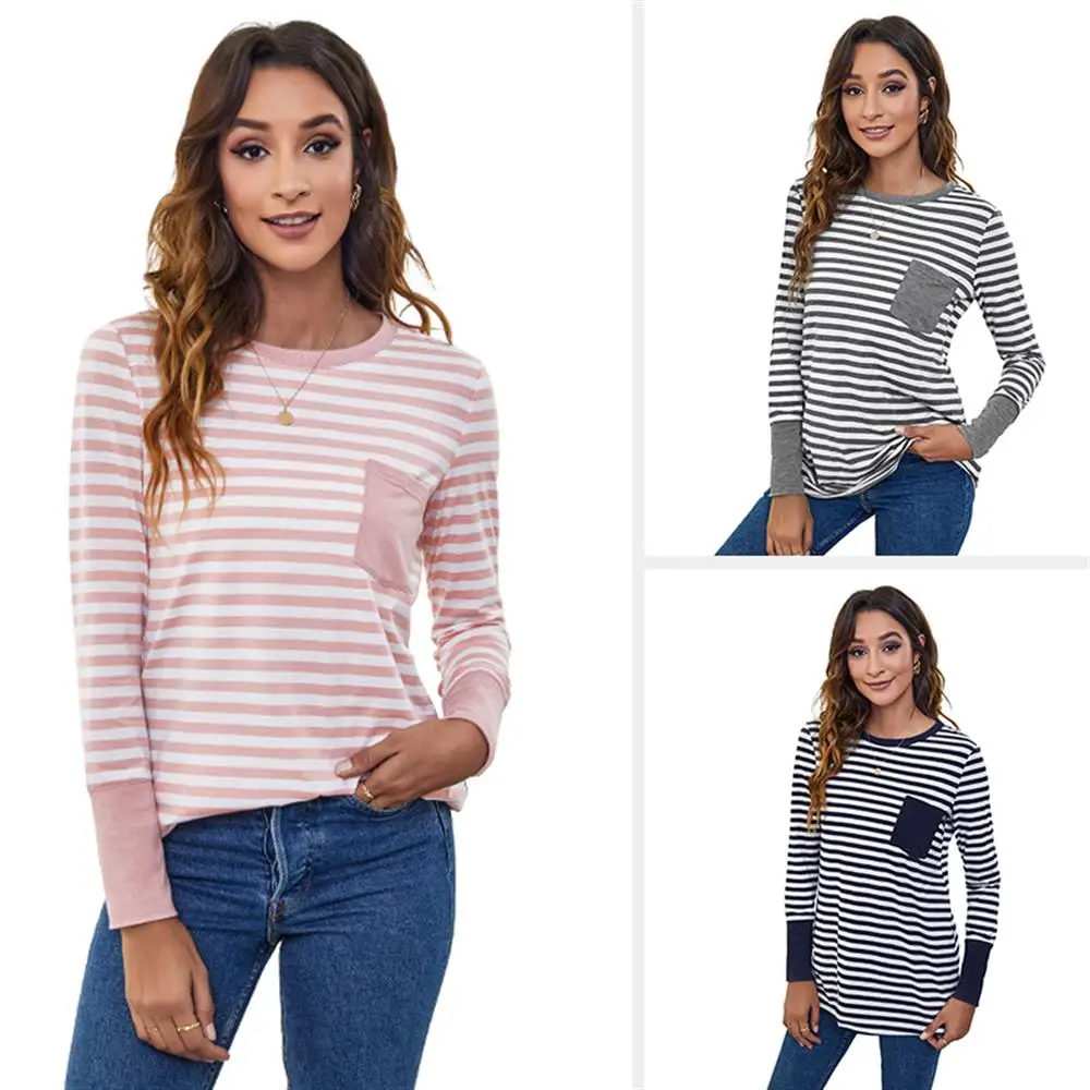 

Женский Повседневный пуловер в полоску, футболка с длинным рукавом и круглым вырезом, женская тонкая осенне-Весенняя блузка, топ, футболка