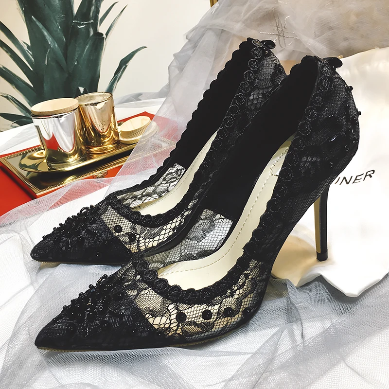 Женские кружевные туфли-лодочки вечерние туфли на высоком каблуке с острым