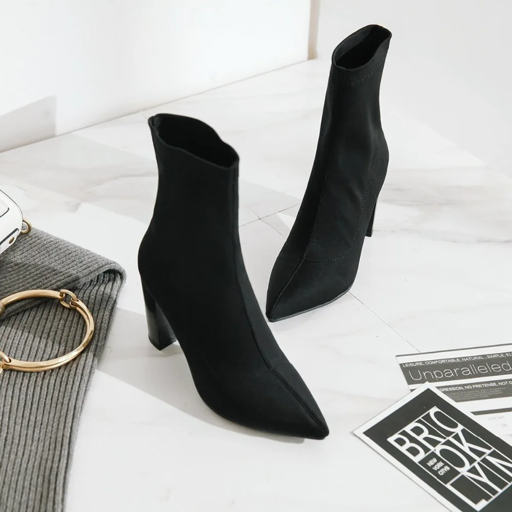 

2018 New Flock Ankle Boots Women For Autumn Winter Fashion Pointed Toe heel Woman Chelsea Boots Plus size 34-43