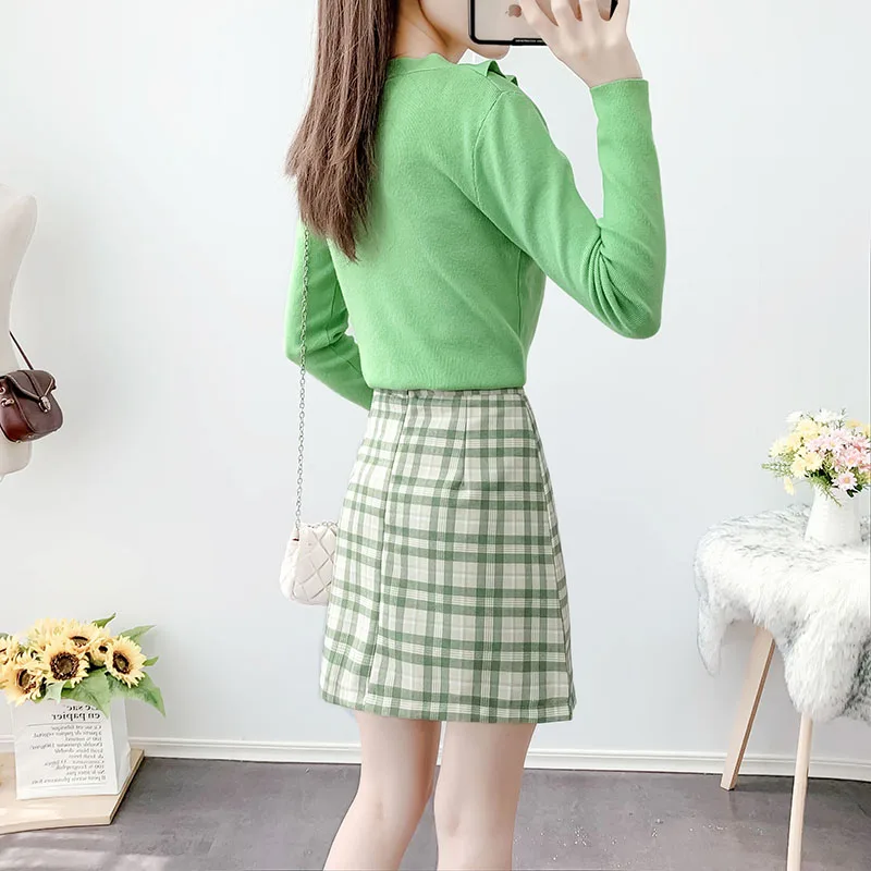 

new winter fashion suits skirts big v-neck pullover ruffle sweater grid skirt two-piece clothing set knitting sweater top suit