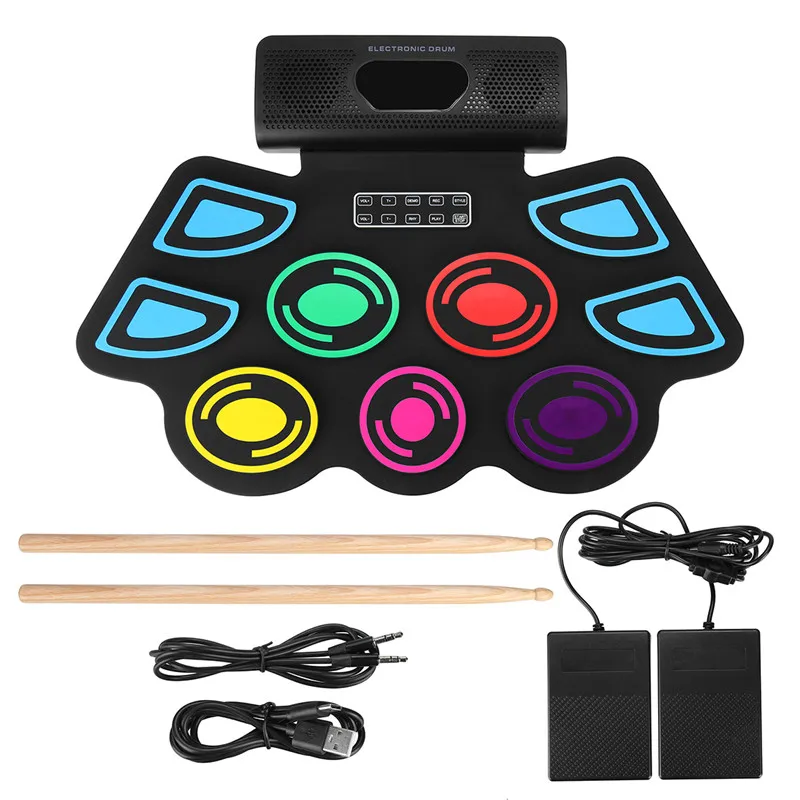 

9 Pads Electronic BT Roll-Up Drum Set 9 Volumes Speed Adjustable Silicone Drum Pads with Tone Tuning and Recording Function Gift
