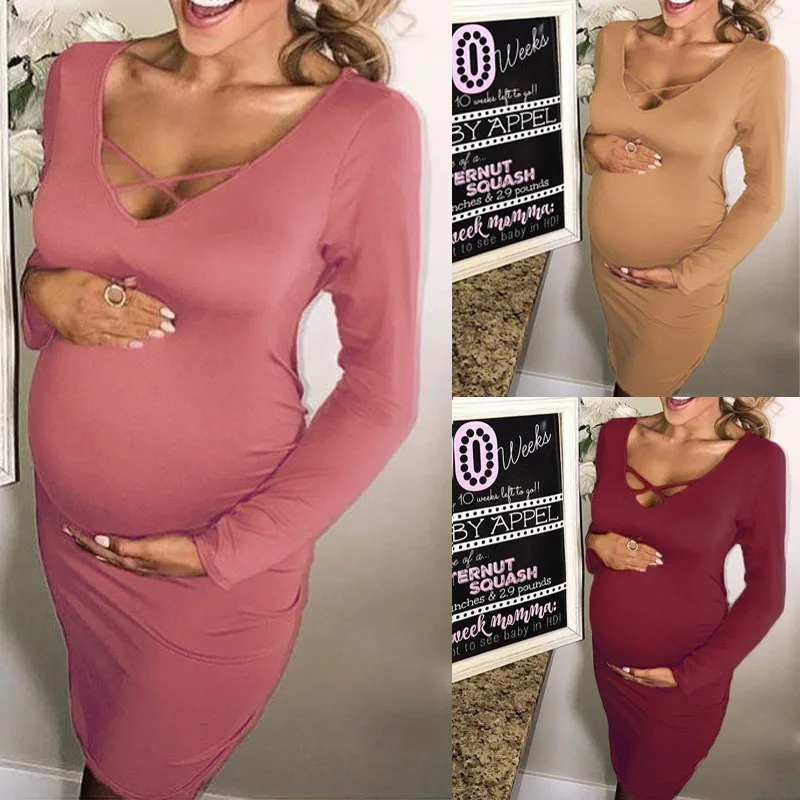 

New Euro American solid color V-Neck long sleeve maternity dress dress fashion long sleeve maternity dress