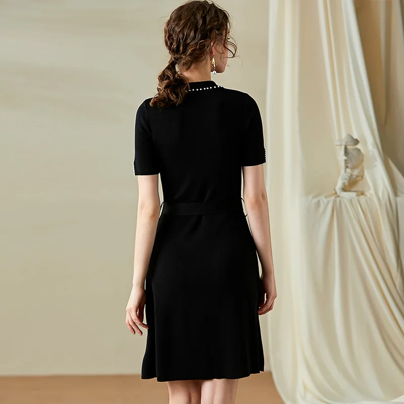 Fashion Knit A Line Dress Women Black Short Sleeve Rhinestone Summer Mini Brief Belt High Waist Ladies Dresses 2020 New za | Женская