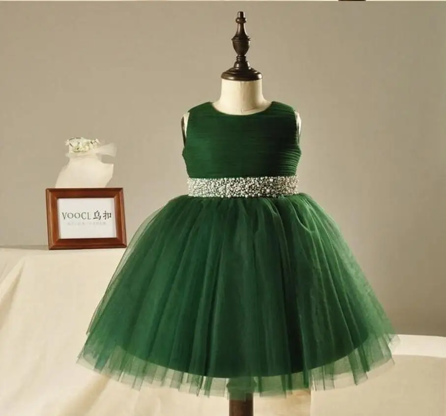 

Elegant Green Tulle Flower Girl Dress for Wedding Kids Pageant Evening Gown Birthday Party Beading Princess Communion Dresses