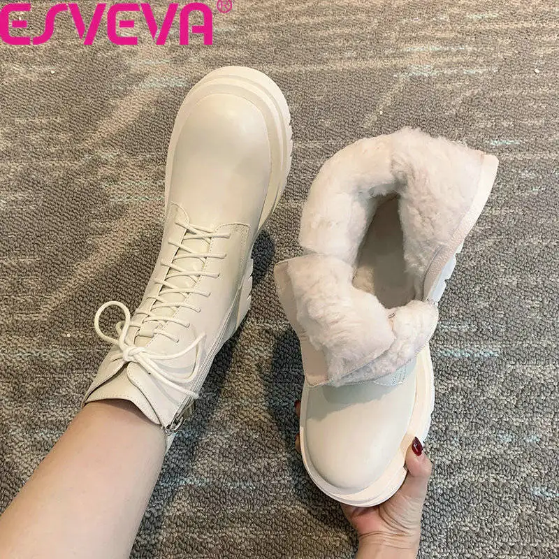 

ESVEVA 2022 Shearling Genuine Leather Women Motorcycle Boots Thick bottom Round Toe Winter Keep warm Shoes Size 34-39