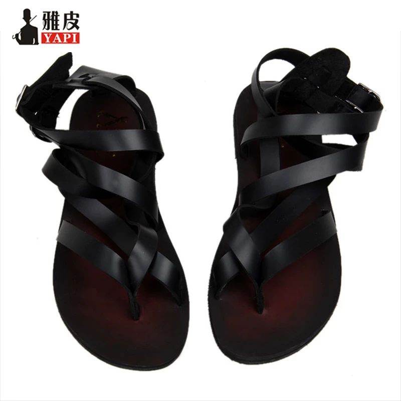 Roman Casual Summer Cross-tied Man Leather T-Strap Beach Shoes Gladiator Men's Narrow Band Sandals