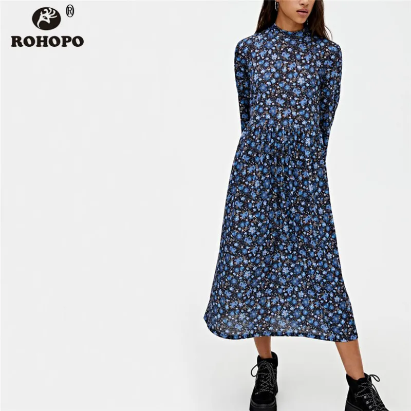 ROHOPO/синее платье миди с цветочным принтом высоким воротником длинным рукавом