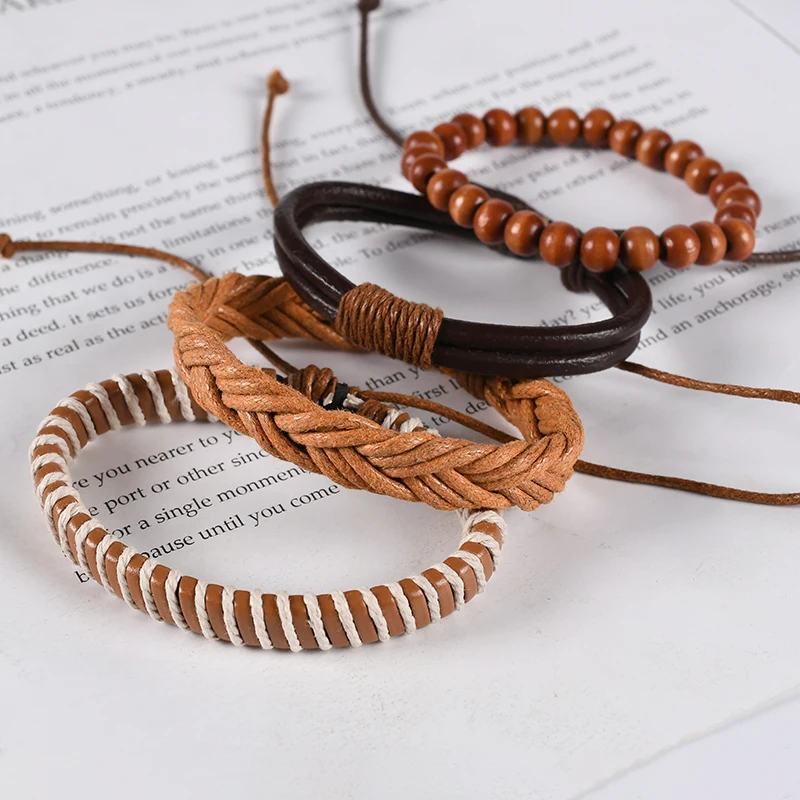 

4-piece Set/men's Braided Winding Leather Bracelet Vintage Handmade Charm Wooden Bead Ethnic Tribal Wristband
