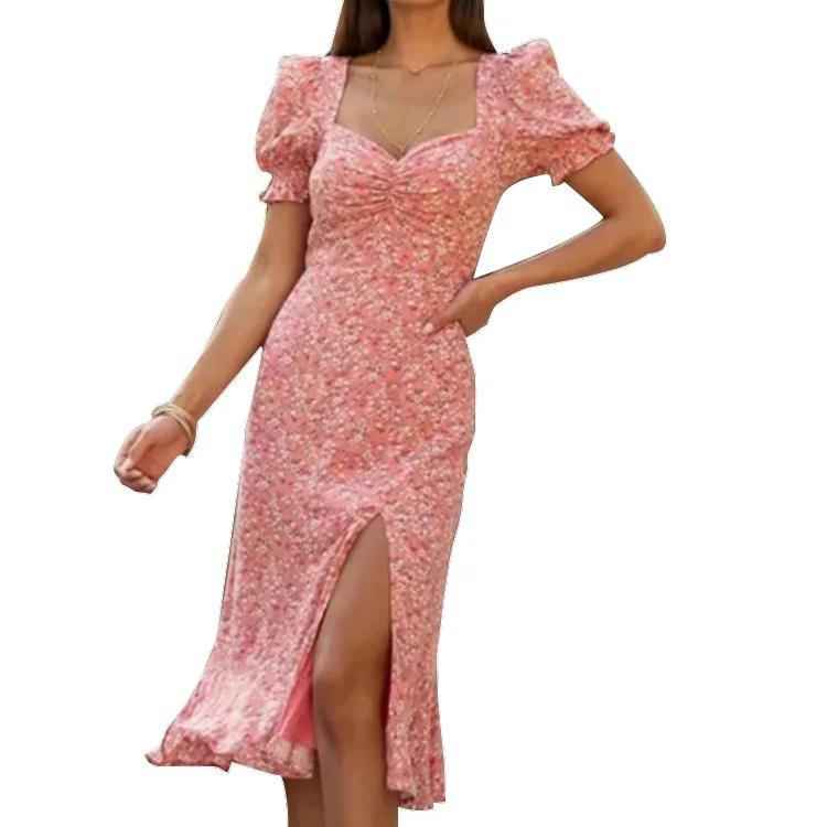 

2021 summer cross-border foreign trade Amazon AliExpress printed tube top lantern sleeve slim split ruffled dress