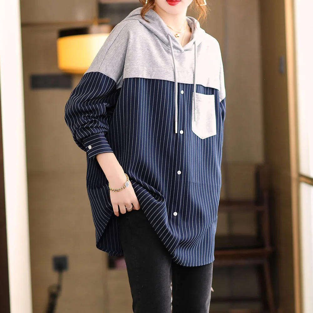 

Autumn New 2021 Fashion Casual Womens Hoodie Hooded Pullover Stripe Splicing Fake Two Long Sleeve Loose Simplicity Tops