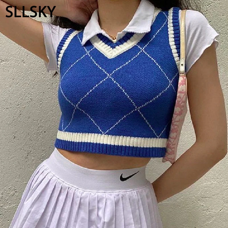 

SLLSKY Blue Argyle Plaid Sweater Vest Women Spring Autumn New V-Neck Slim Short Sleeveless Preppy Pullovers Knitted Tank Tops