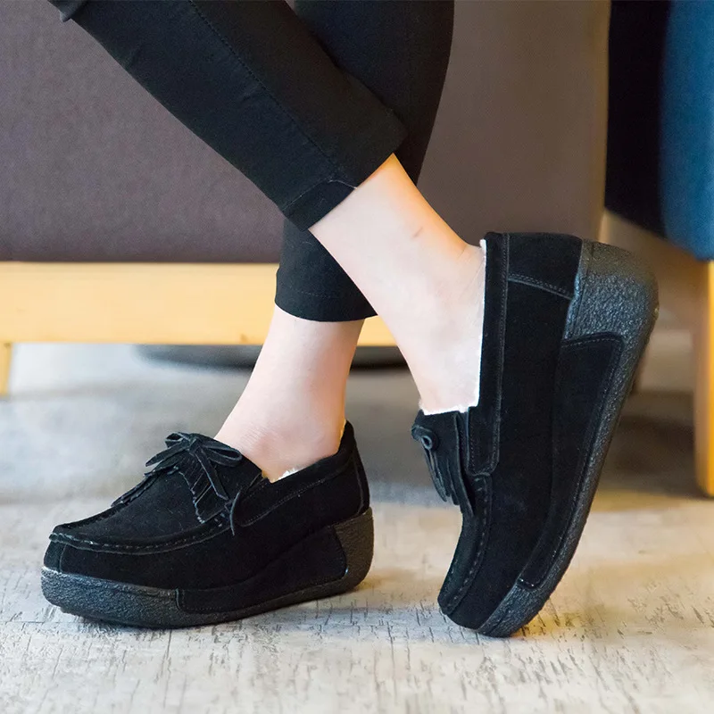 Хлопковые туфли HOKSZVY бархатные на низком каблуке толстой подошве кожаные женские