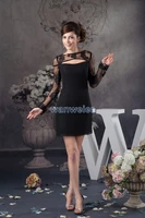 free shipping 2018 new hot cap sleeve long sleeve high neck custom black real photo short cocktail mother of the bride dress