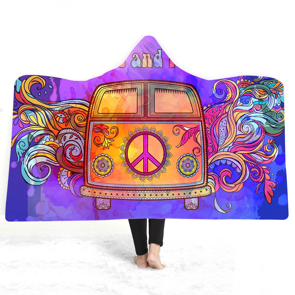 

Hippie Hooded Blanket For Adults Childs 3D Printed Sherpa Fleece Blanket Microfiber Wearable Throw Blanket For Home Travel Sofa