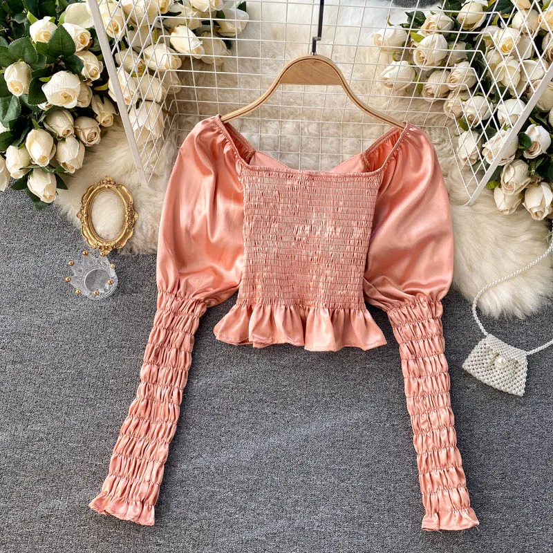 

Foamlina Women Retro Pleated Crop Top Solid Fashion V-neck Long Puff Sleeve Short Blouse Korean Chic Slim Fit Sexy Blouse Tops