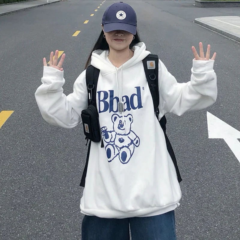 

Kawaii Thick Warm Pullover Plus Size Harajuku Bear Letter Print Graphic Hoodie Women Oversized Sweatshirts Autumn Winter