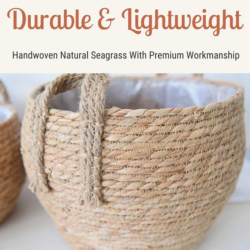 

Handmade Natural Seagrass Planter Basket with Plastic Liner Indoor Outdoor Garden Decoration Plants Flower Pots
