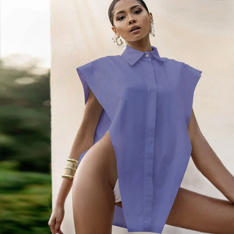 

European and American fashion temperament showing shoulder loose shirt vest 20462P design sense solid color sexy vest women