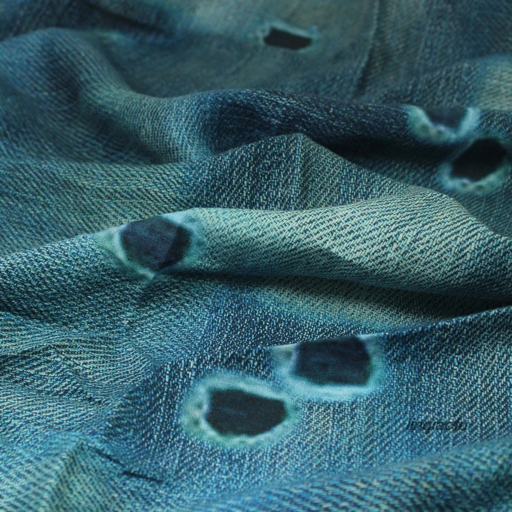 

High quality washed digital printed pure linen robe imitation denim clothing fabric