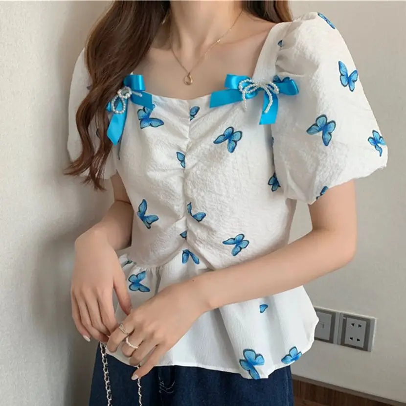 

Alien Kitty Sweet Bow Butterfly Printed Girls Casual Tops Streetwear Blouse Slim Summer Women Square Collar Short Sleeves Shirts