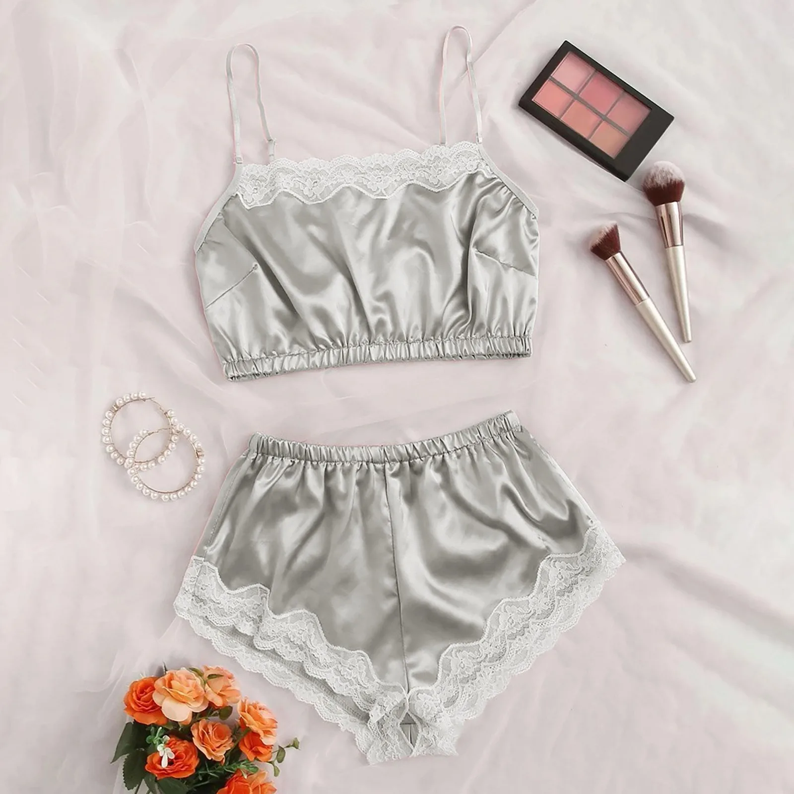 

Women's Sleepwear Sexy lingerie Satin Pajama Set Lace V-Neck Pyjamas Sleeveless Cute Cami Top and Shorts