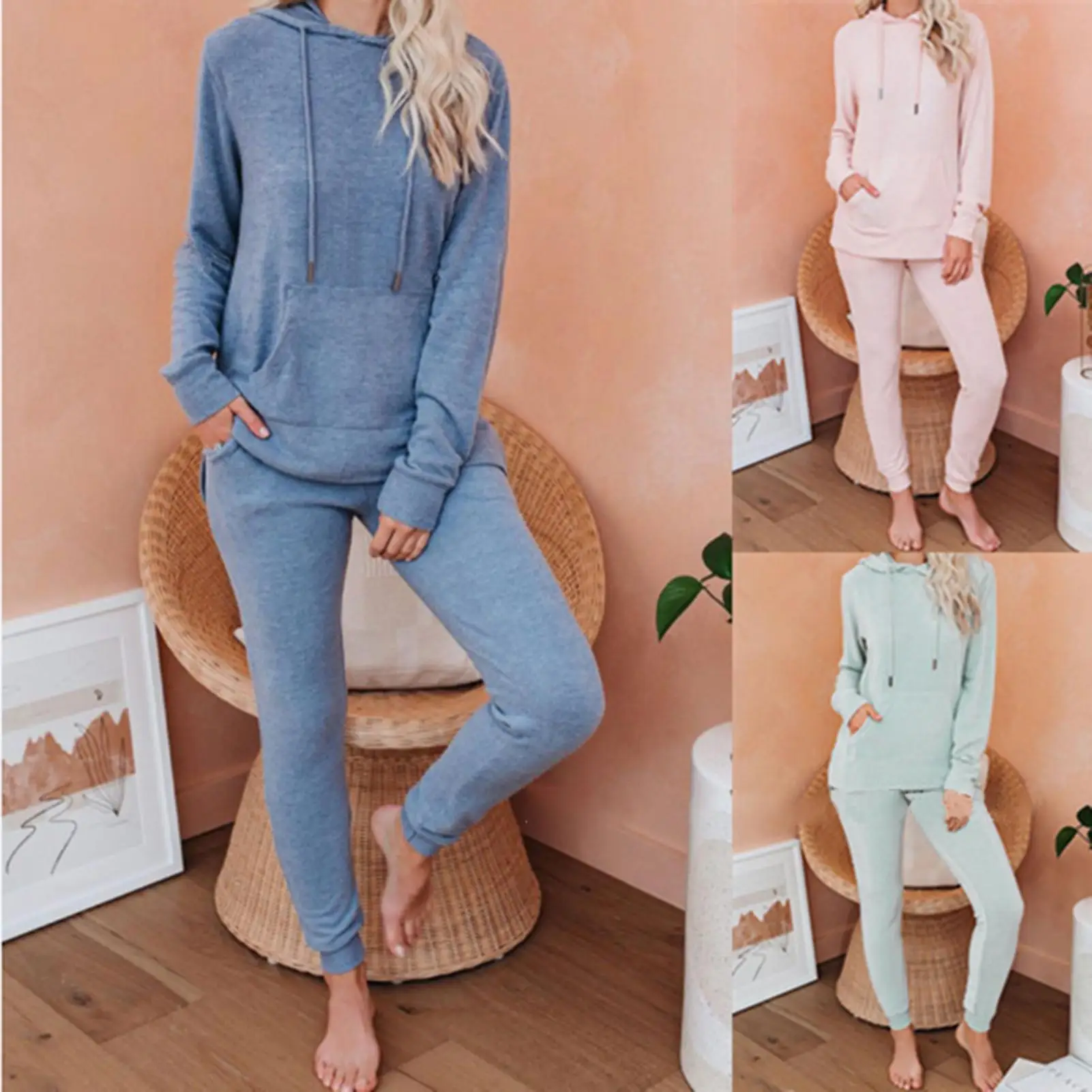 

Женский спортивный костюм из 2 предметов, однотонный пуловер с капюшоном и длинные штаны, женские костюмы, Осень-зима 2021