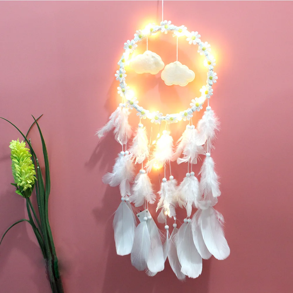 

Feather Daisy Cloud Dreamcatcher Handmade Led Light Dream Catchers Wall Hanging Pendant Tassel Dreamcatcher Home Baby Room Decor