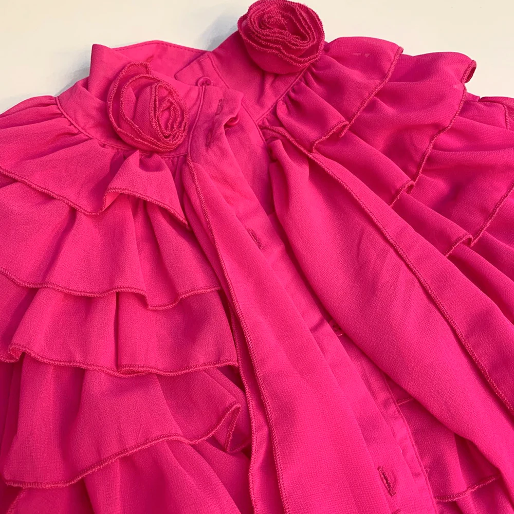 Блузка с оборками Женская летняя офисная розовая длинным рукавом|Блузки| |