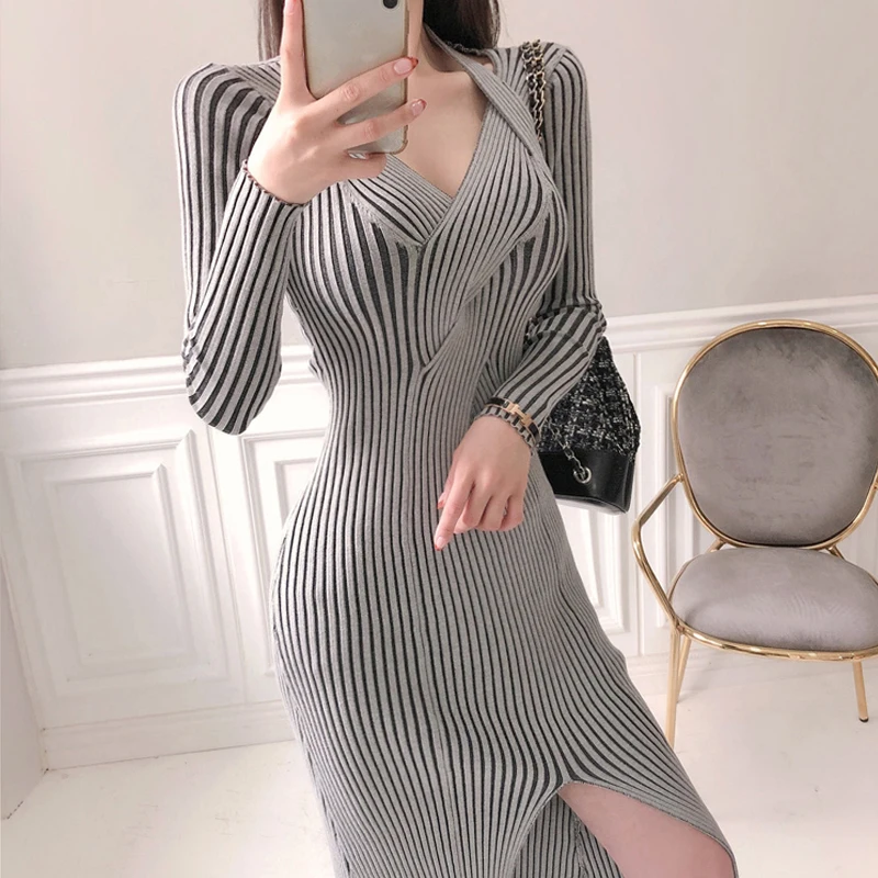 

Alien Kitty 2021 New Elegant Women Knite Dresses Sweater V-Neck Long Warm Retro Solid Sexy Slim Female Office Lady Vestidos