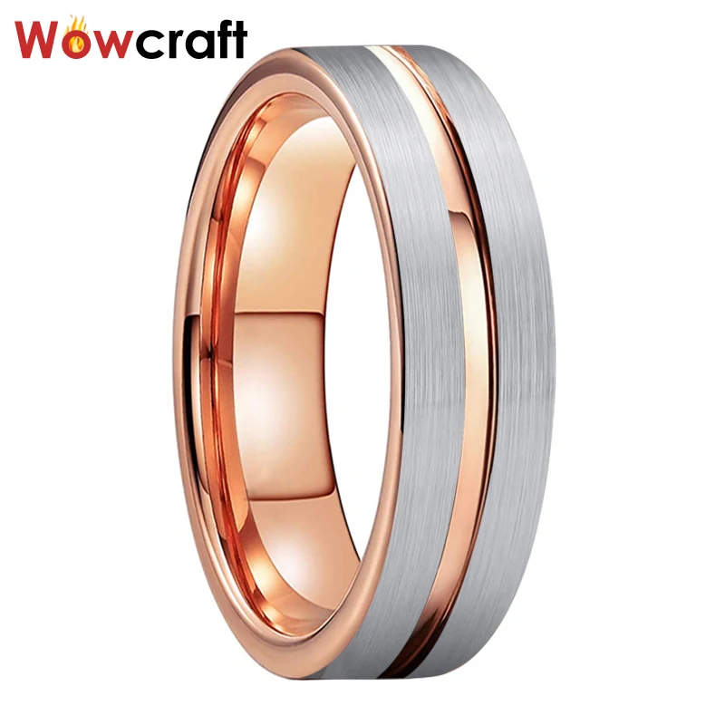 

6mm Rose Gold Tungsten Wedding Rings Engagement Band Matte Finish Comfort Fit Center Grooved