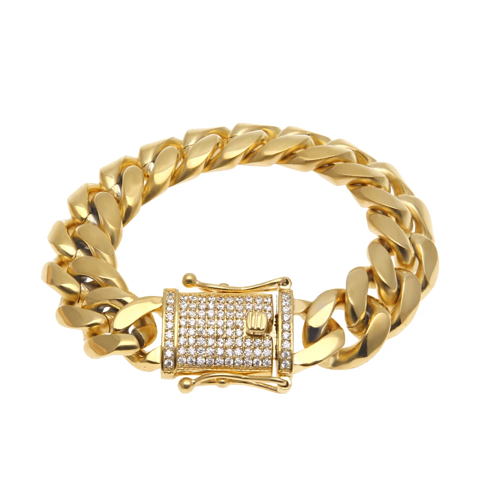 

12mm/14mm CZ Stainless Steel Cuban Link Bracelet Gold silver color Plated Micro Paved CZ Mens Miami Bangle 7inch/8inch