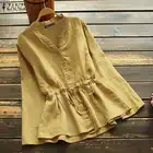 Винтажный однотонный топ-туника, женская блузка ZANZEA рубашка с V-образным вырезом и длинным рукавом, Повседневная Блузка на шнуровке, свободные пуговицы, на осень