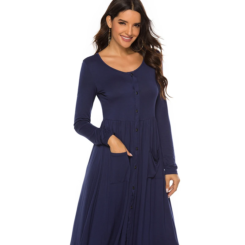 

2021 Fashion Women Dress Modal Long Sleeve Button Pockets Slim O Neck Dress Evening Party Casual High Waist Mid-Calf Dresses